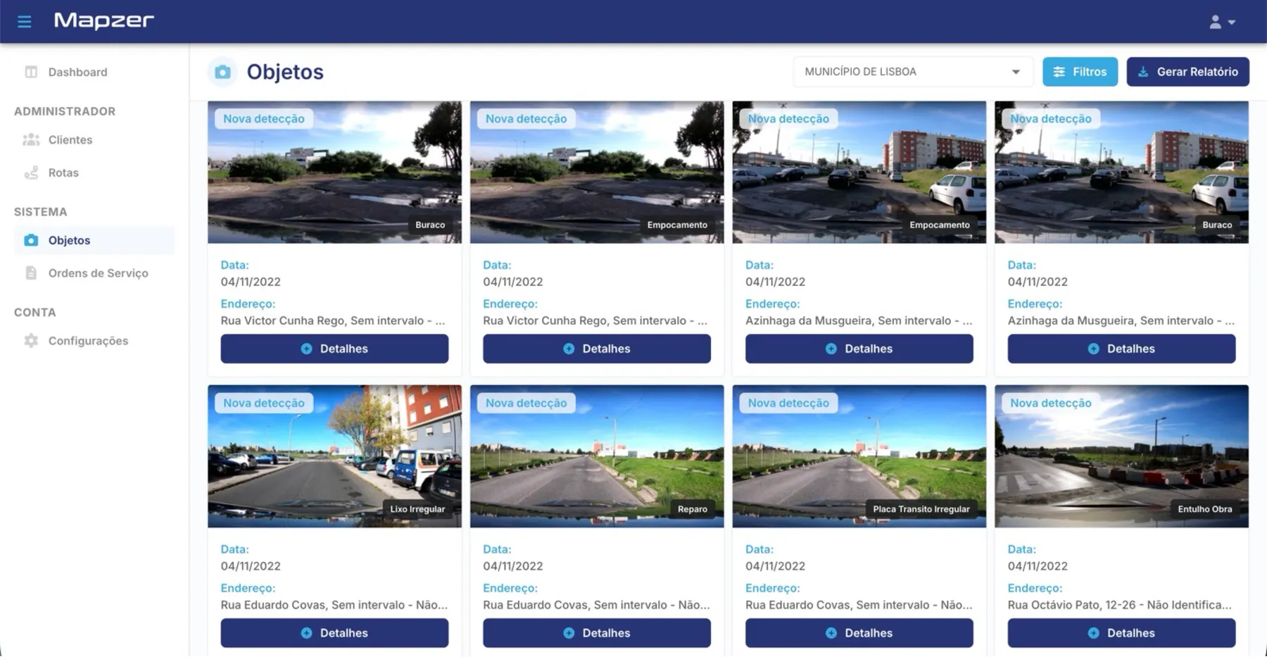 Lista de ocorrências detectadas pela Mapzer