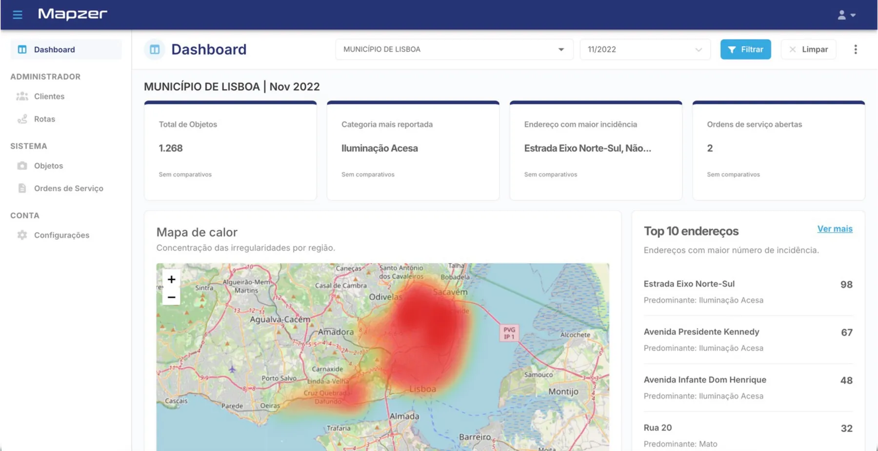 Painel da Mapzer com mapa de calor das ocorrências
